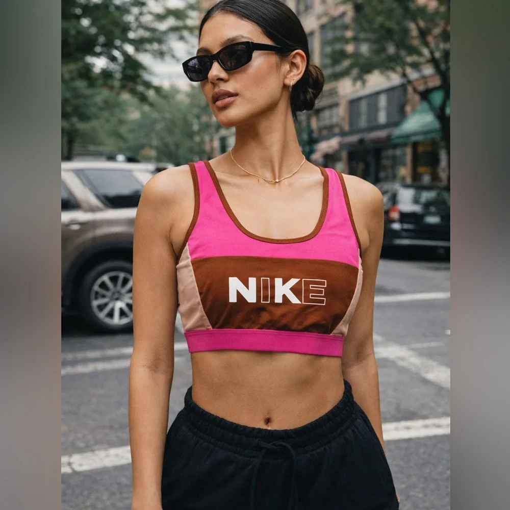 NIKE Colorblock Sports Bra – Pink Brown Retro Athletic – Size Large y2k